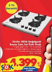 SİMFER 3036 DOĞALGAZLI BEYAZ CAM SET ÜSTÜ OCAK